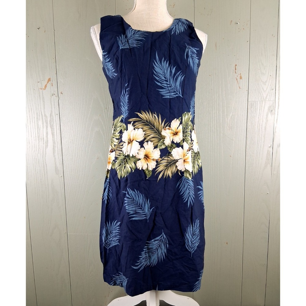 Vintage Hawaiian Dress Medium Blue Floral Cottagecore Resort Cotton Made USA